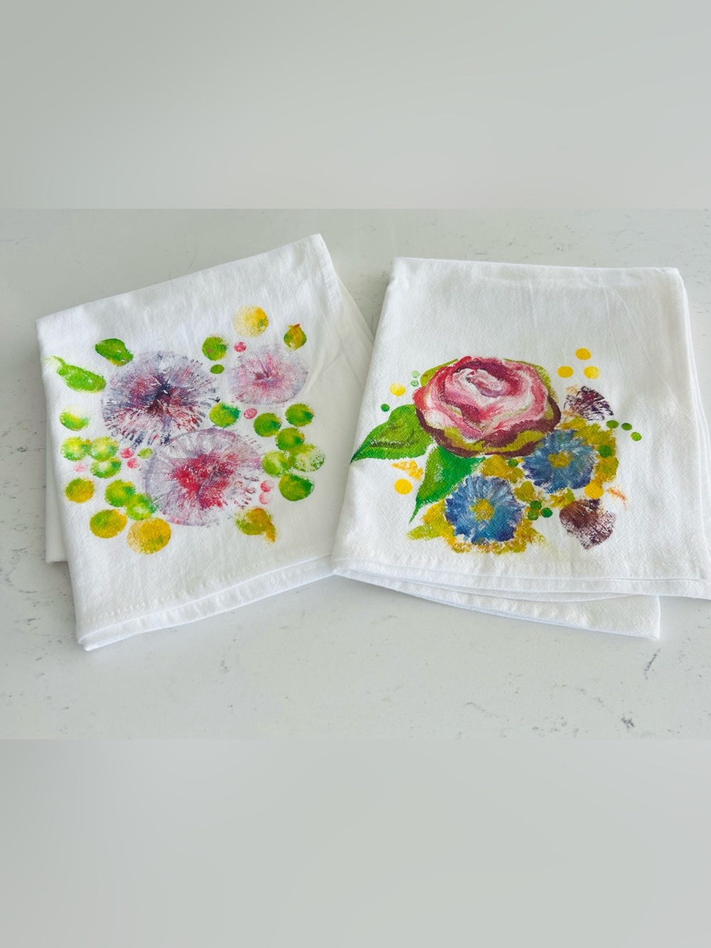 Hand Painted Floral Sack Towels Set of 2 | 100% Cotton Kitchen Towels 32x36